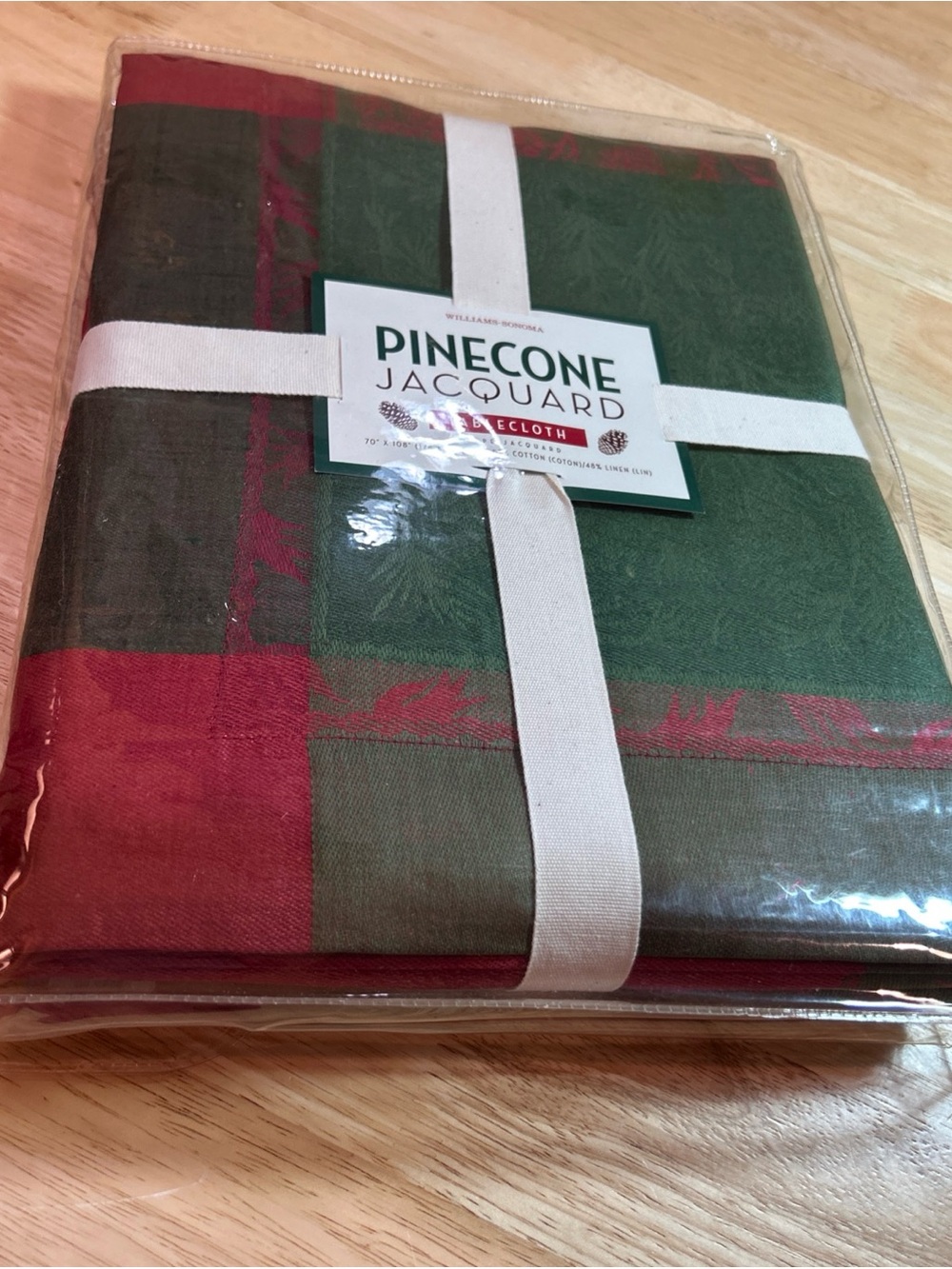RARE NEW Williams Sonoma Pinecone Jacquard Cotton Linen Tablecloth 70” X 108”